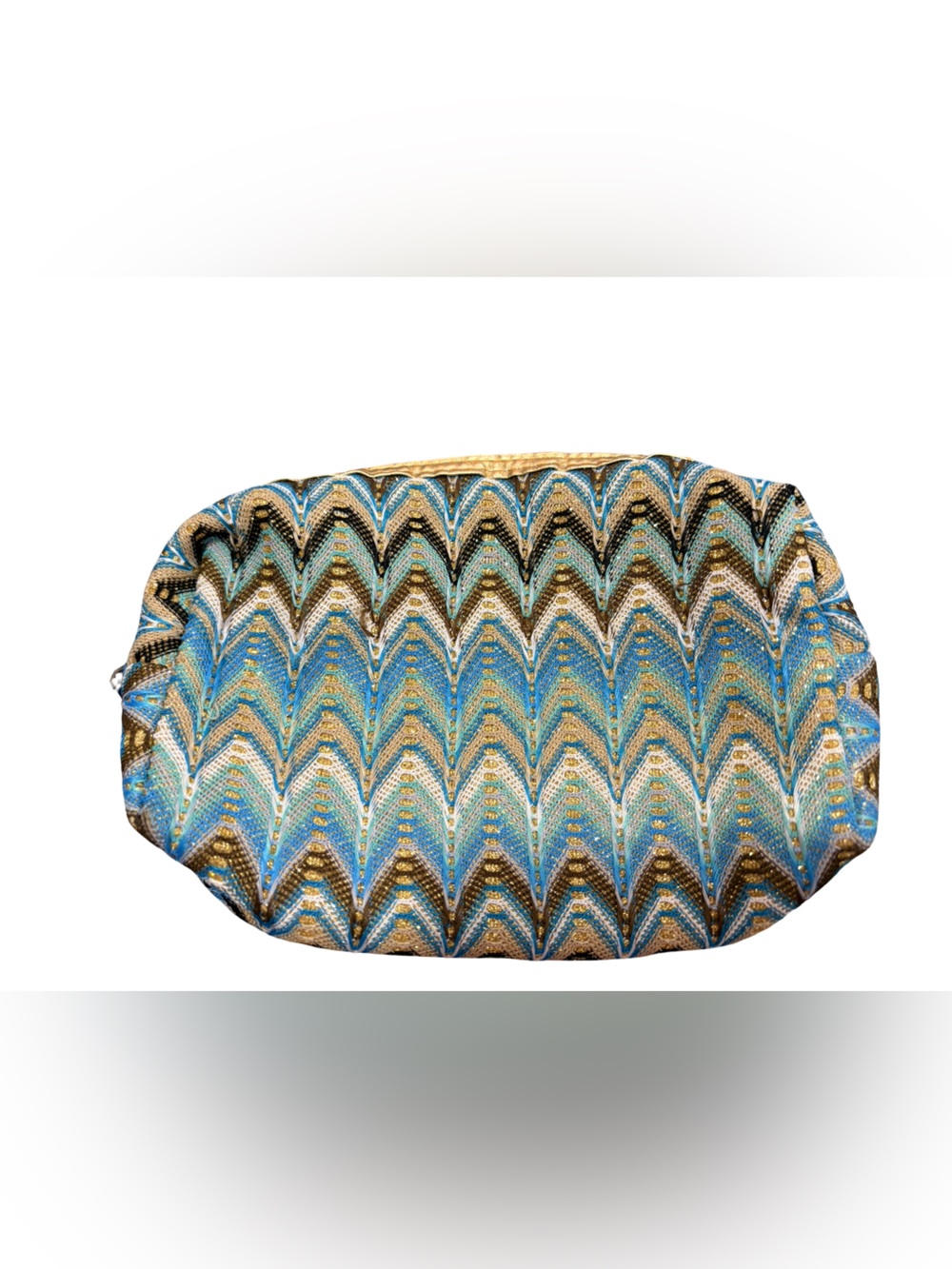 Boho Chevron Cosmetic Bag Blue Gold Metallic Makeup Pouch Travel Organizer